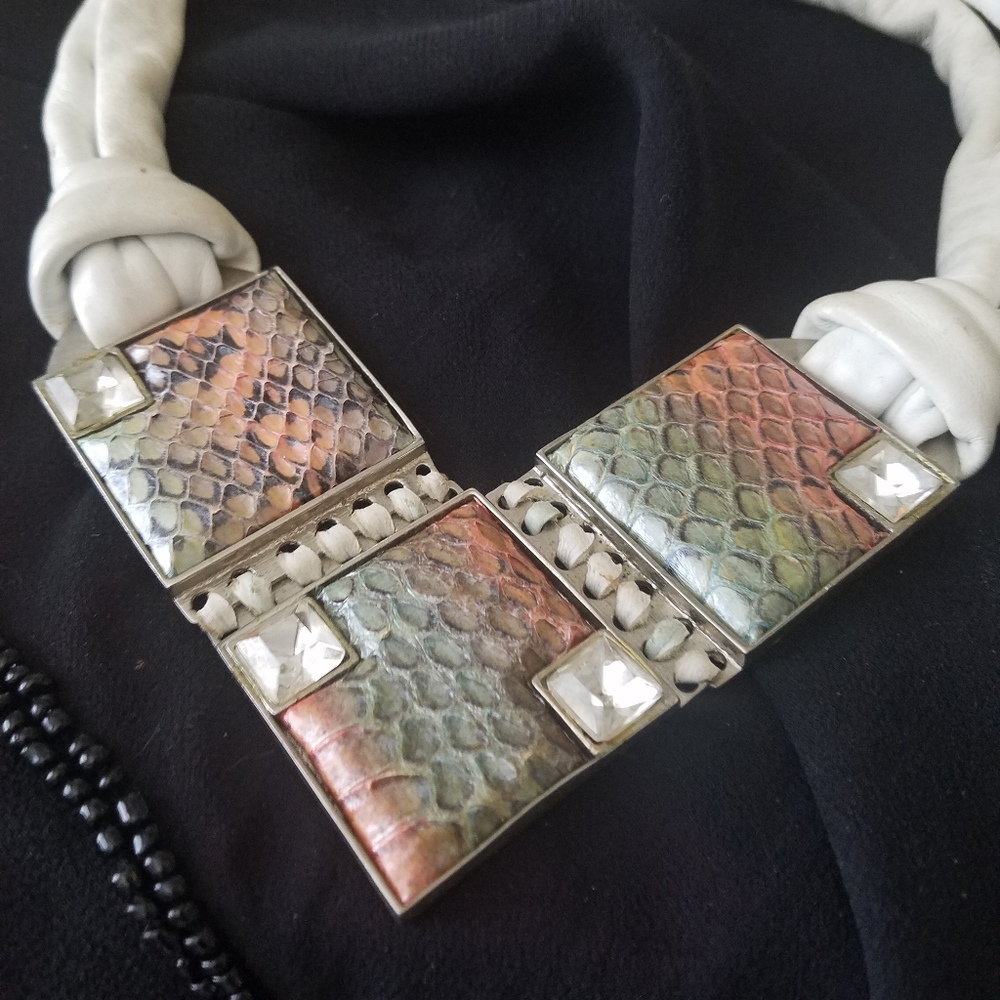Vintage Python Leather Bib Necklace Crystals - image 5